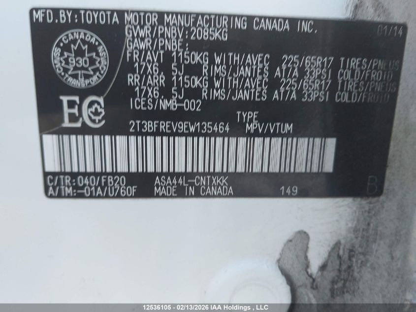 2014 Toyota Rav4 Le VIN: 2T3BFREV9EW135464 Lot: 12536105