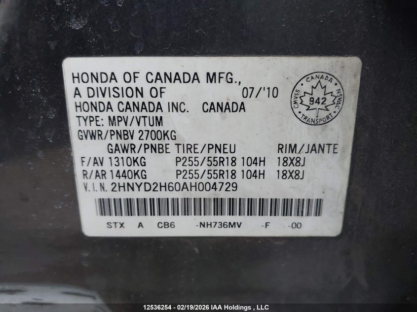 2010 Acura Mdx Technology VIN: 2HNYD2H60AH004729 Lot: 12536254