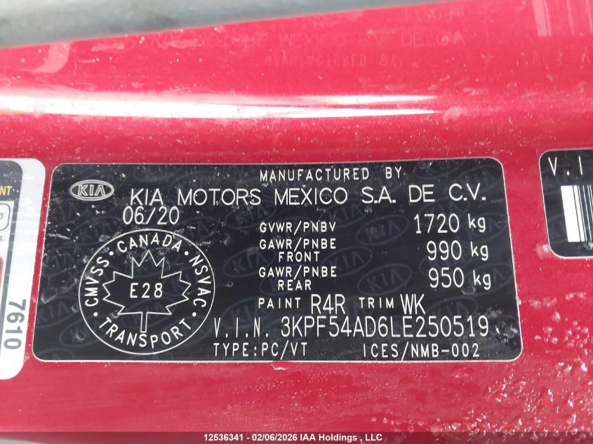 2020 Kia Forte Ex/Ex Limited/Ex Premium/Ex+ VIN: 3KPF54AD6LE250519 Lot: 12536341