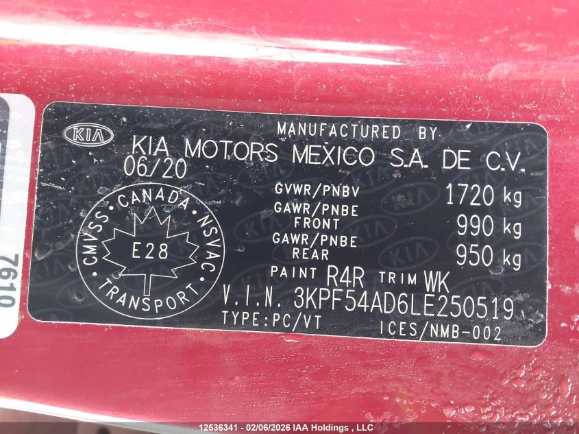 2020 Kia Forte Ex/Ex Limited/Ex Premium/Ex+ VIN: 3KPF54AD6LE250519 Lot: 12536341