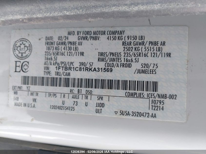 2024 Ford Transit-250 Cargo VIN: 1FTBR1C81RKA31569 Lot: 12536394