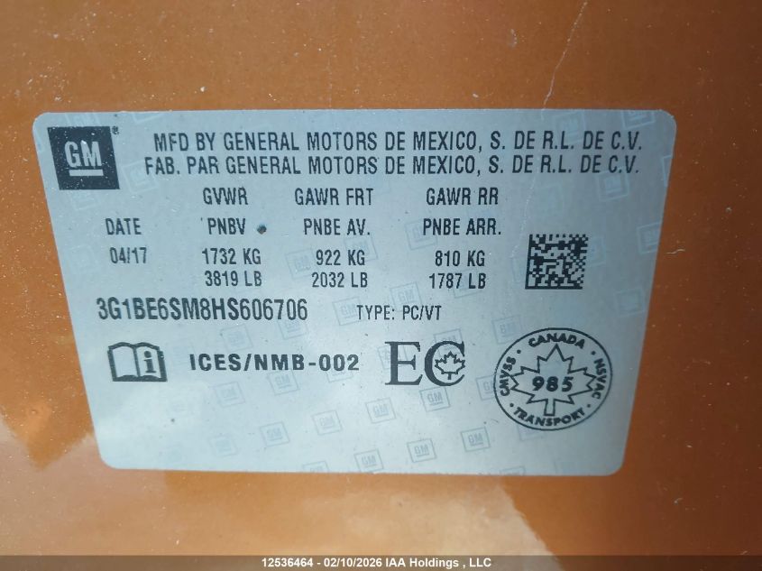 2017 Chevrolet Cruze Lt Auto VIN: 3G1BE6SM8HS606706 Lot: 12536464