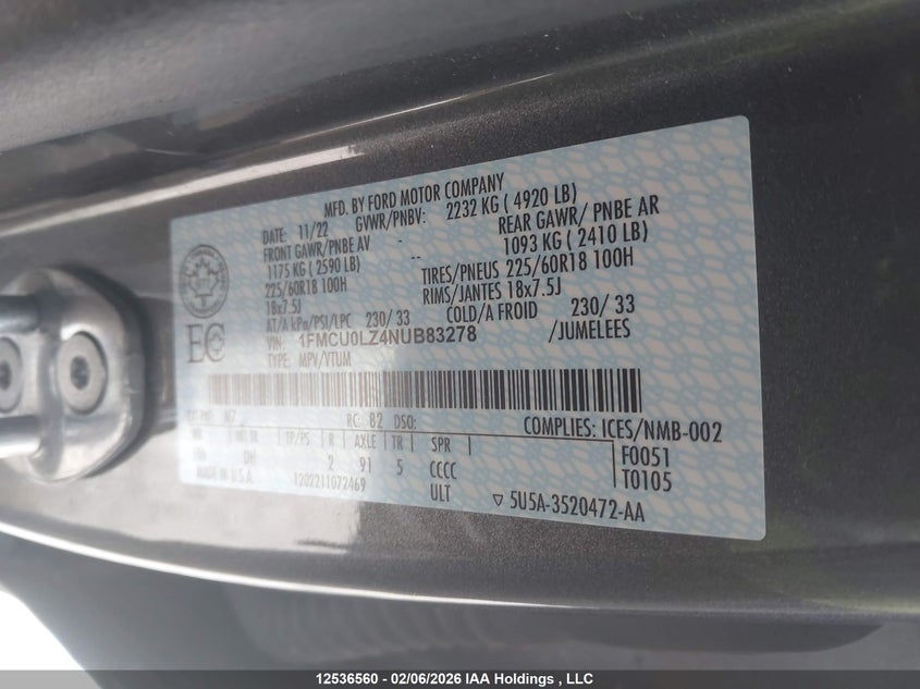 2022 Ford Escape Titanium VIN: 1FMCU0LZ4NUB83278 Lot: 12536560