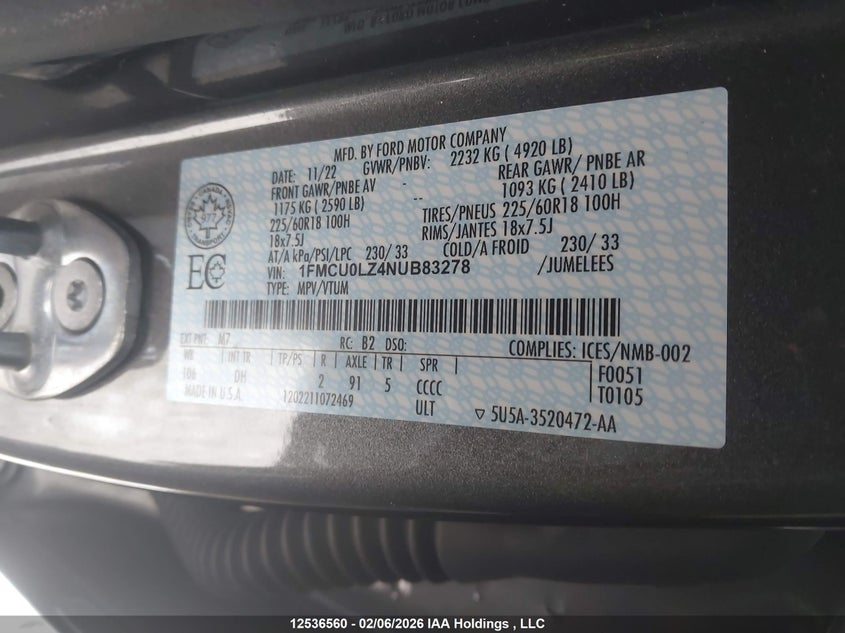 2022 Ford Escape Titanium VIN: 1FMCU0LZ4NUB83278 Lot: 12536560