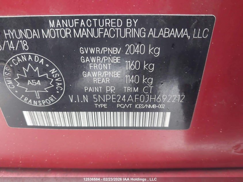 2018 Hyundai Sonata Se VIN: 5NPE24AF0JH692212 Lot: 12536584