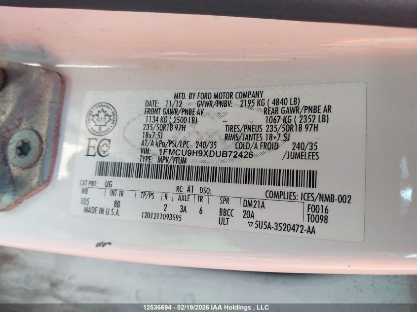 2013 Ford Escape Sel VIN: 1FMCU9H9XDUB72426 Lot: 12536694