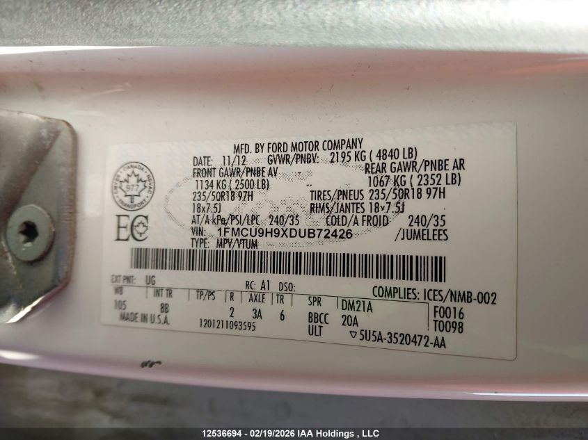 2013 Ford Escape Sel VIN: 1FMCU9H9XDUB72426 Lot: 12536694