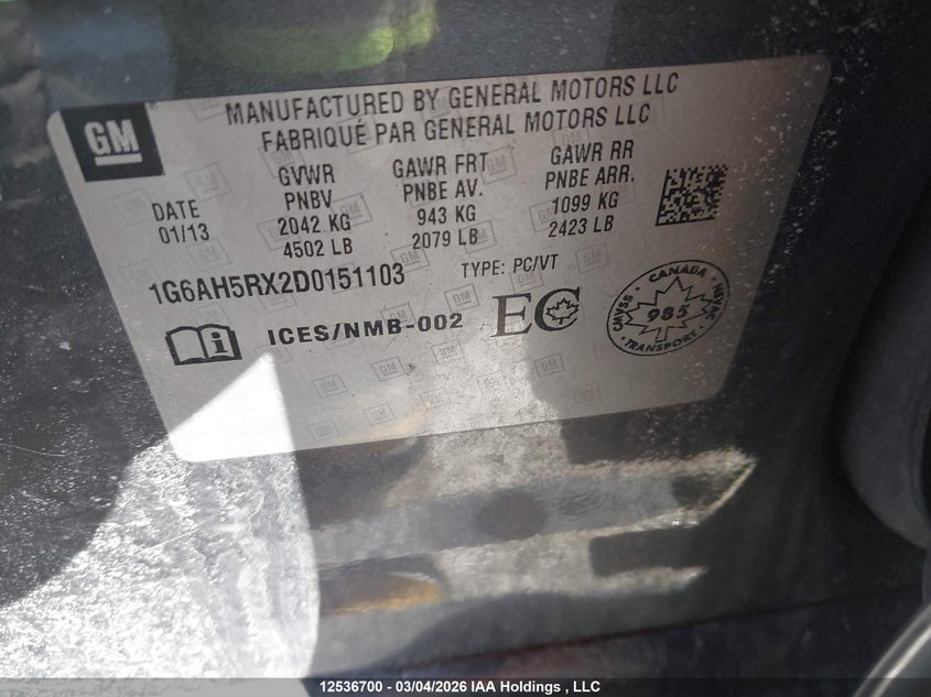 2013 Cadillac Ats Luxury VIN: 1G6AH5RX2D0151103 Lot: 12536700