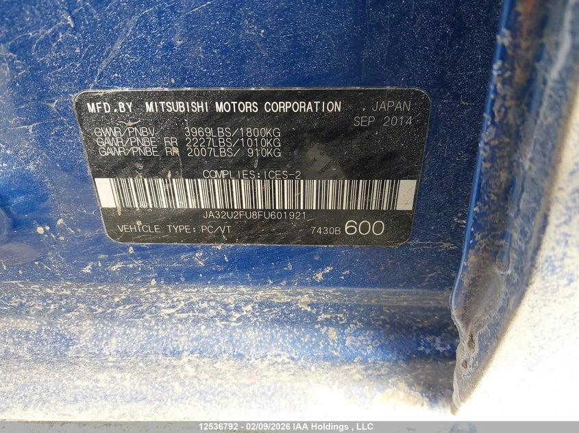 2015 Mitsubishi Lancer Gt/Se VIN: JA32U2FU8FU601921 Lot: 12536792