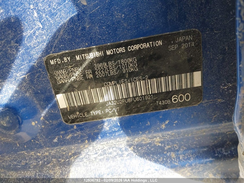 2015 Mitsubishi Lancer Gt/Se VIN: JA32U2FU8FU601921 Lot: 12536792