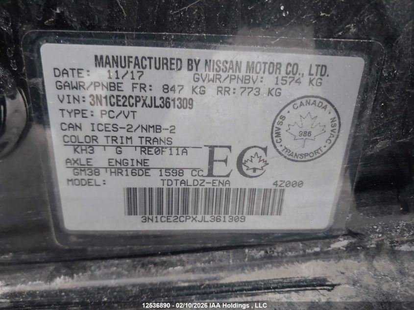 2018 Nissan Versa Note S/Sr/Sv VIN: 3N1CE2CPXJL361309 Lot: 12536890