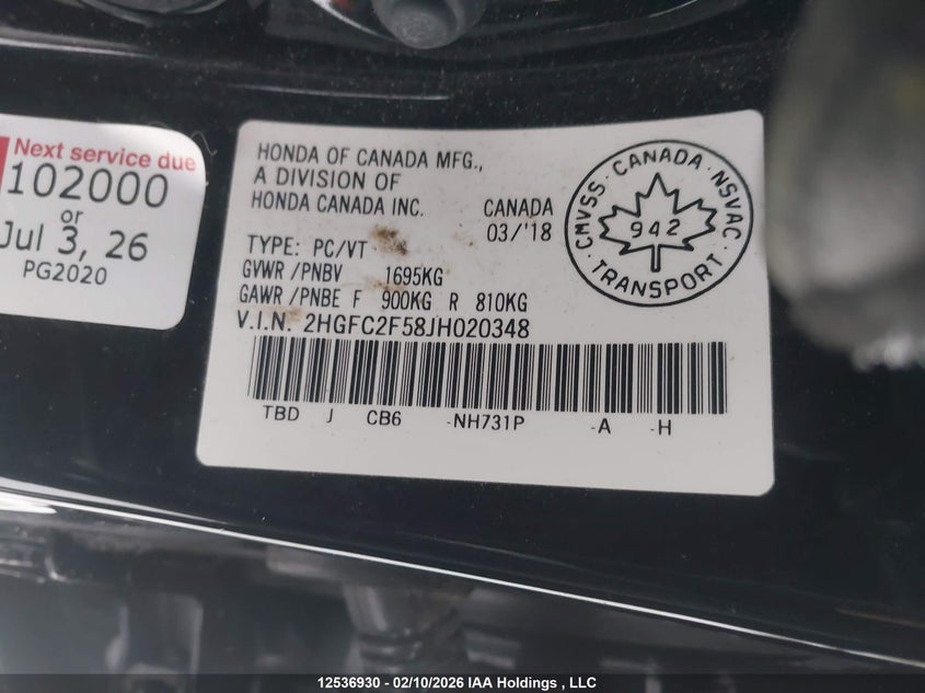 2018 Honda Civic Lx VIN: 2HGFC2F58JH020348 Lot: 12536930