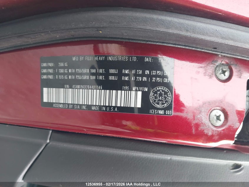 2011 Subaru Tribeca Premier 7-Passenger VIN: 4S4WX9KD2B4401146 Lot: 12536955