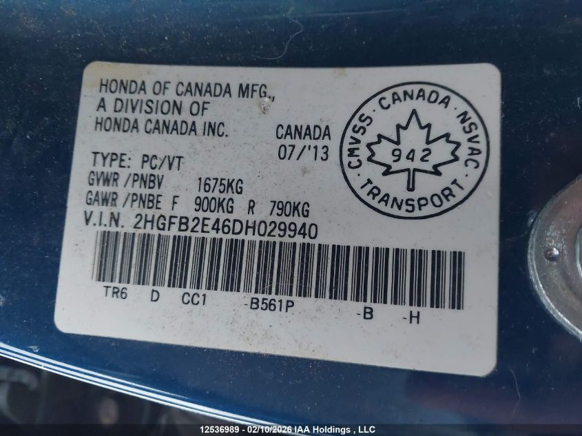 2013 Honda Civic Lx VIN: 2HGFB2E46DH029940 Lot: 12536989