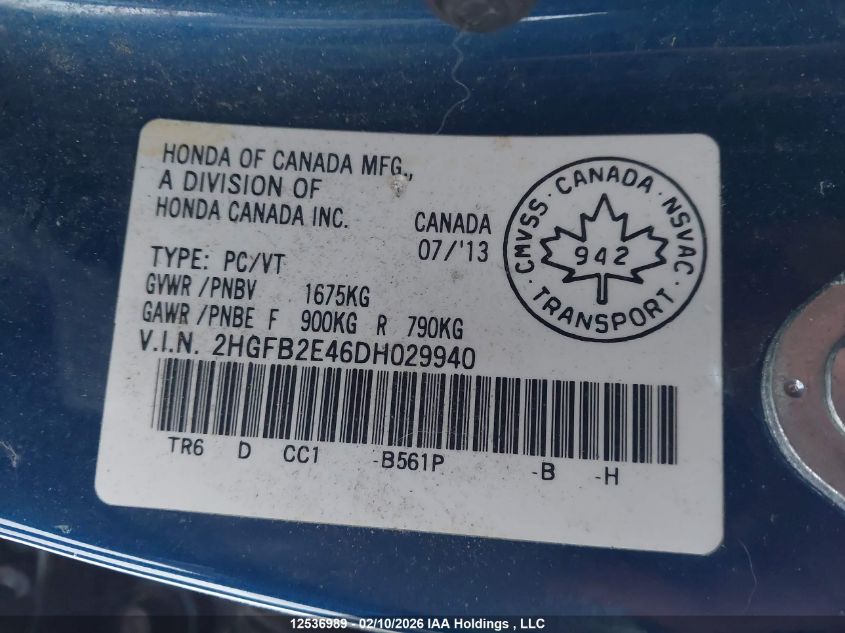 2013 Honda Civic Lx VIN: 2HGFB2E46DH029940 Lot: 12536989