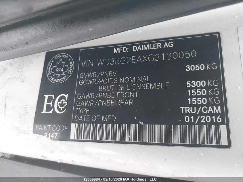 2016 Mercedes-Benz Metris VIN: WD3BG2EAXG3130050 Lot: 12536994