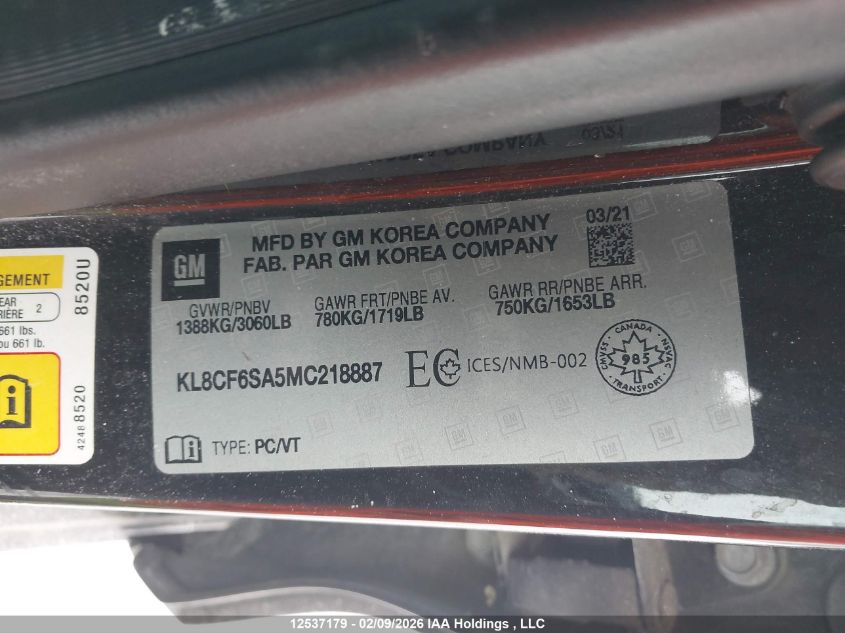 2021 Chevrolet Spark VIN: KL8CF6SA5MC218887 Lot: 12537179