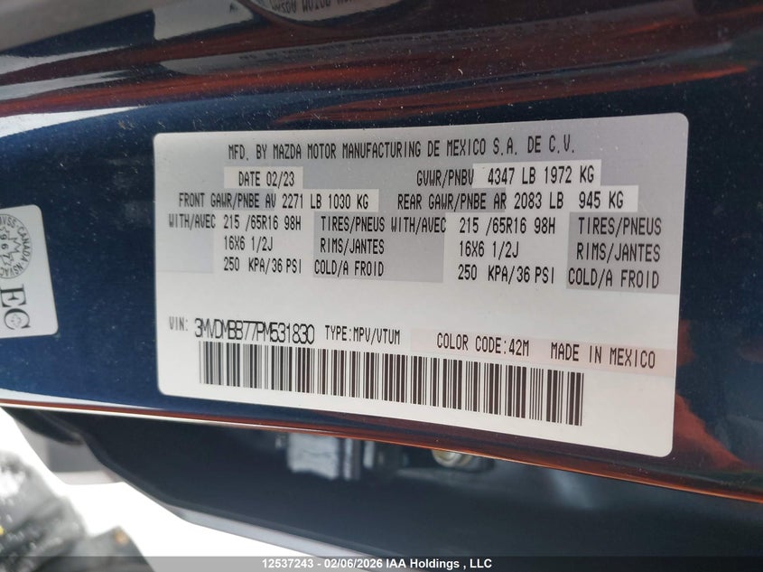 2023 Mazda Cx-30 Gx VIN: 3MVDMBB77PM531830 Lot: 12537243