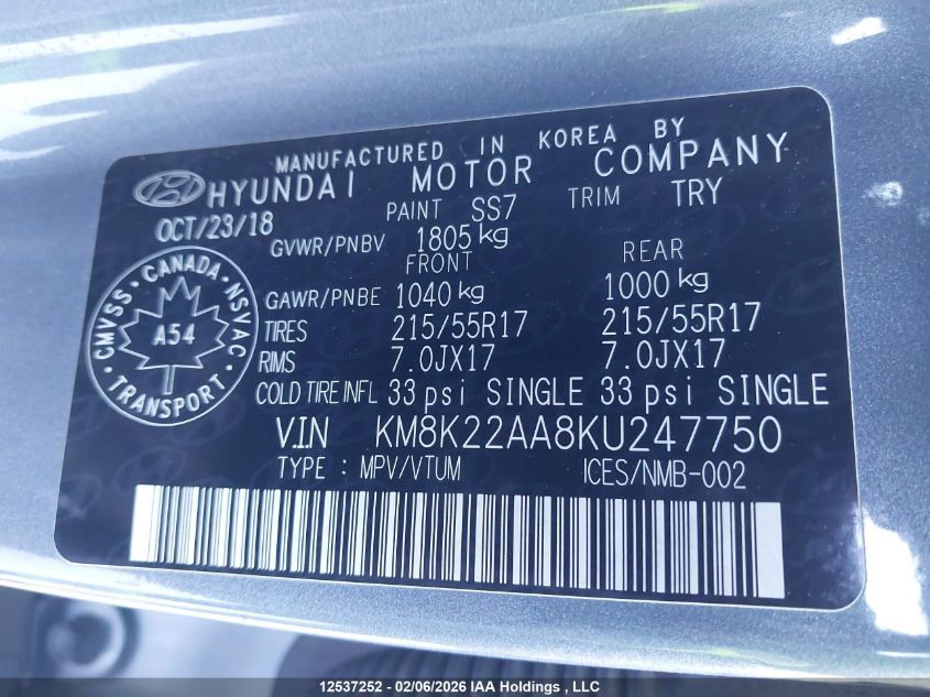 2019 Hyundai Kona Sel VIN: KM8K22AA8KU247750 Lot: 12537252