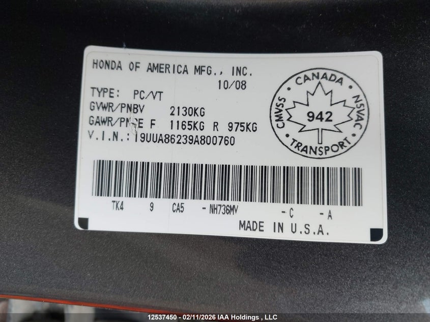 2009 Acura Tl VIN: 19UUA86239A800760 Lot: 12537450