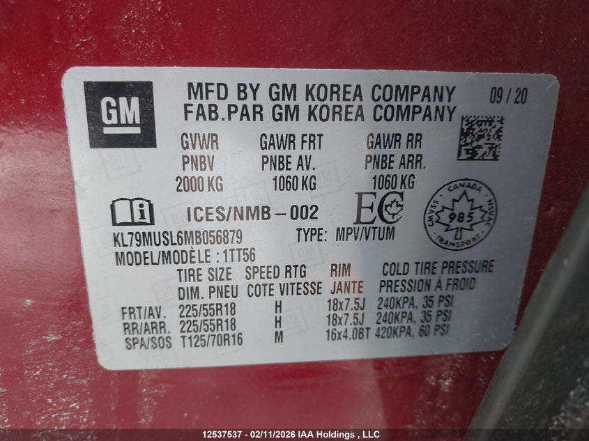 2021 Chevrolet Trailblazer Rs VIN: KL79MUSL6MB056879 Lot: 12537537