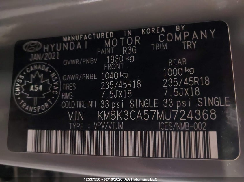 2021 Hyundai Kona Limited VIN: KM8K3CA57MU724368 Lot: 12537550