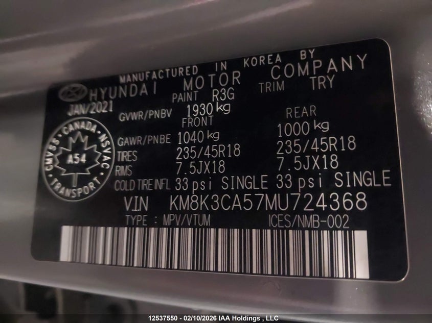2021 Hyundai Kona Limited VIN: KM8K3CA57MU724368 Lot: 12537550