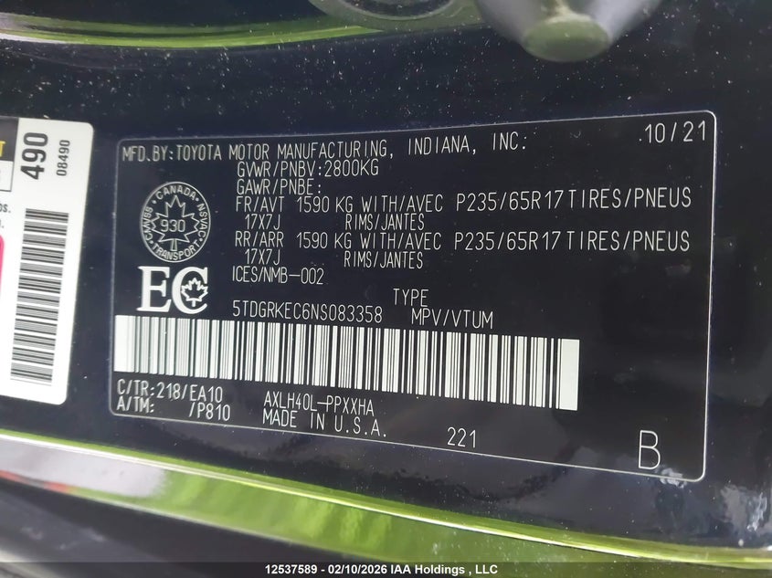 2022 Toyota Sienna VIN: 5TDGRKEC6NS083358 Lot: 12537589