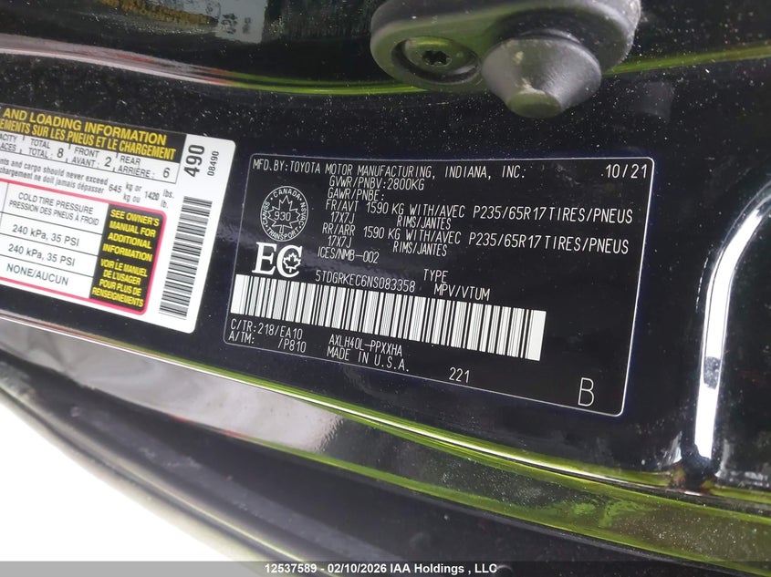 2022 Toyota Sienna VIN: 5TDGRKEC6NS083358 Lot: 12537589