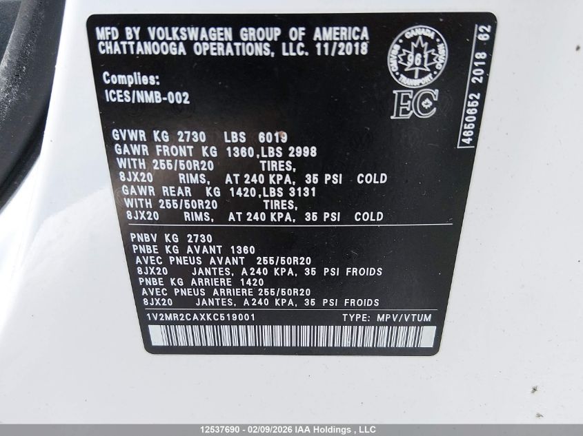 2019 Volkswagen Atlas 3.6 Fsi Highline VIN: 1V2MR2CAXKC519001 Lot: 12537690
