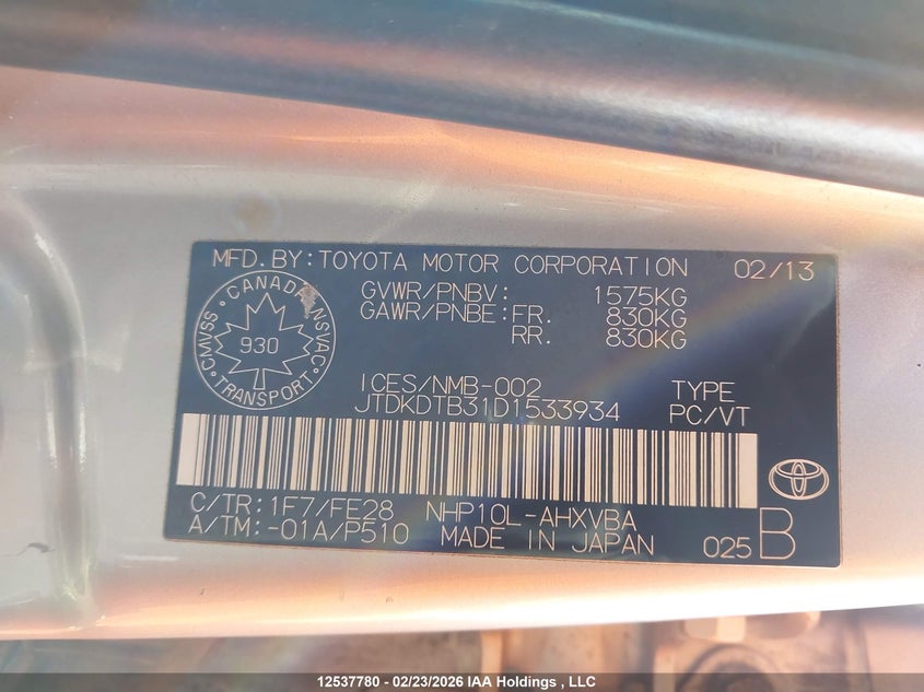 2013 Toyota Prius C Technology VIN: JTDKDTB31D1533934 Lot: 12537780