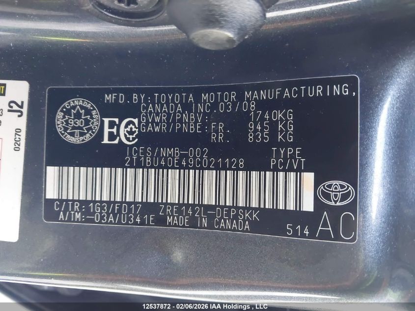 2009 Toyota Corolla S VIN: 2T1BU40E49C021128 Lot: 12537872