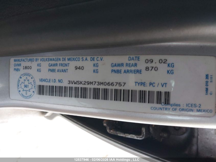 2003 Volkswagen Jetta Gls 2.0L VIN: 3VWSK29M73M066757 Lot: 12537946