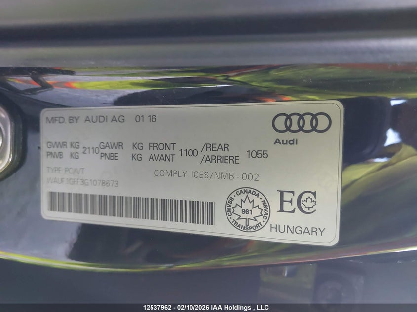 2016 Audi S3 2.0T Technik VIN: WAUF1GFF3G1078673 Lot: 12537962