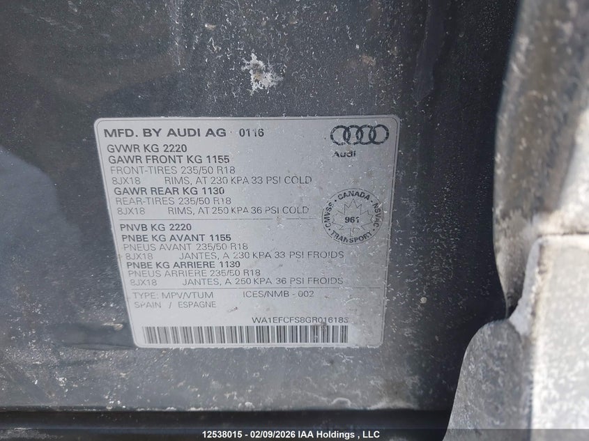 2016 Audi Q3 2.0T Komfort VIN: WA1EFCFS8GR016185 Lot: 12538015