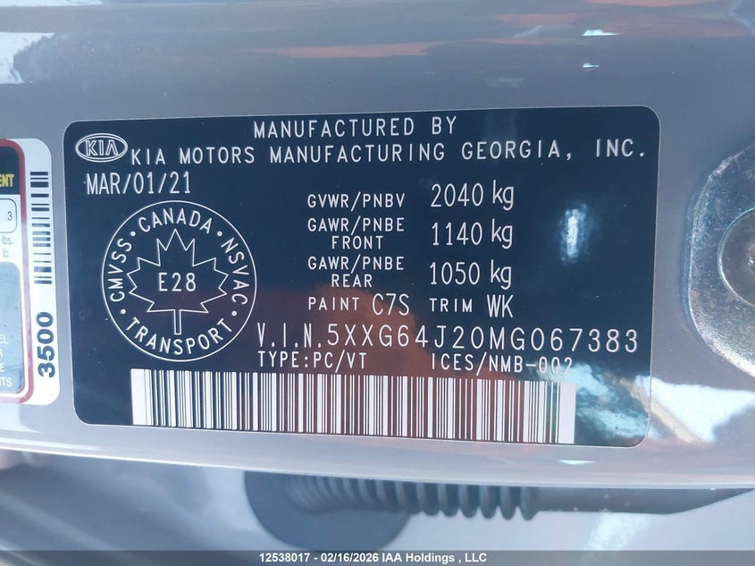 2021 Kia K5 VIN: 5XXG64J20MG067383 Lot: 12538017