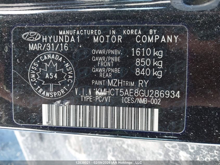 2016 Hyundai Accent VIN: KMHCT5AE8GU286934 Lot: 12538021