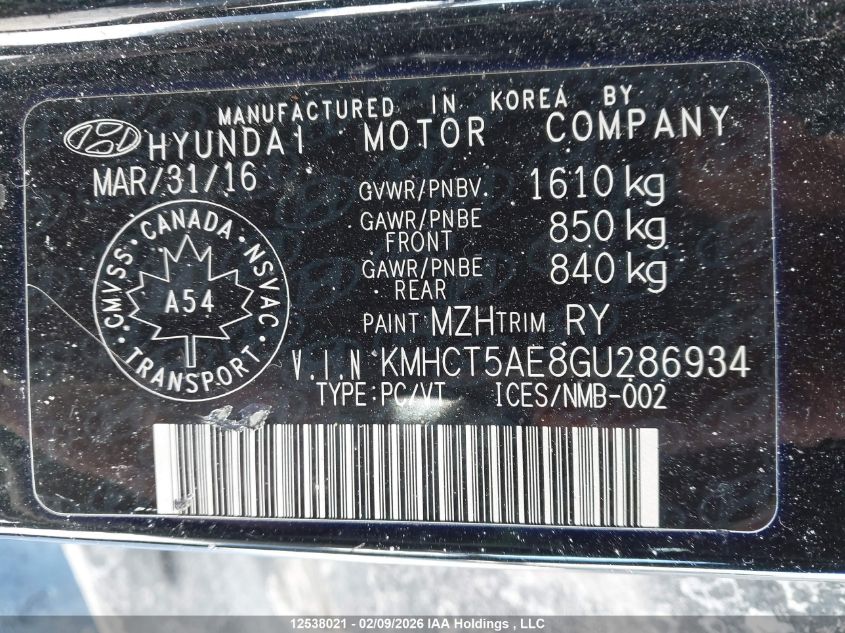 2016 Hyundai Accent VIN: KMHCT5AE8GU286934 Lot: 12538021