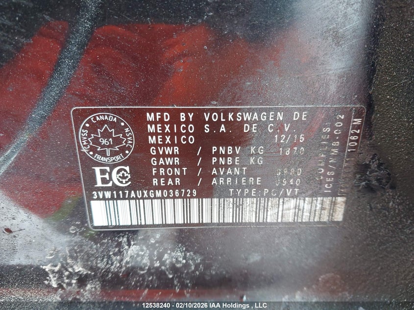 2016 Volkswagen Golf S VIN: 3VW117AUXGM036729 Lot: 12538240