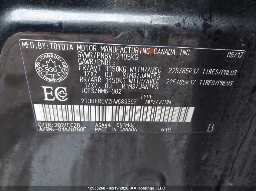 2017 Toyota Rav4 Xle VIN: 2T3RFREV2HW683597 Lot: 12538268