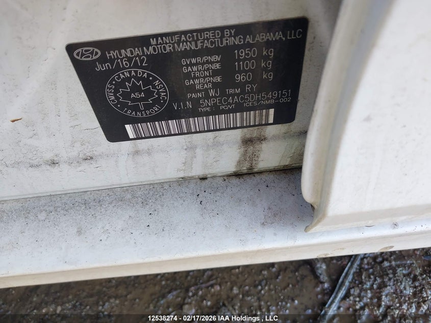 2013 Hyundai Sonata Se/Limited VIN: 5NPEC4AC5DH549151 Lot: 12538274