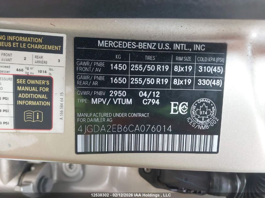 2012 Mercedes-Benz Ml 350 Bluetec VIN: 4JGDA2EB6CA076014 Lot: 12538302