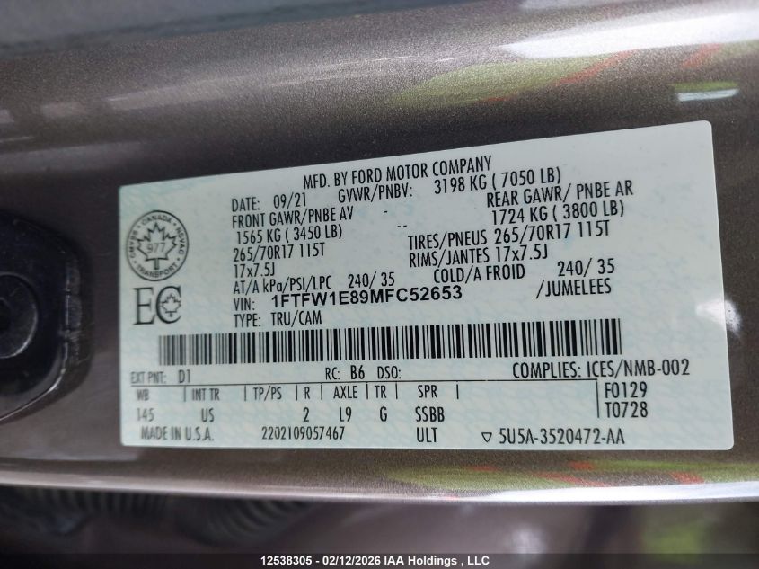 2021 Ford F150 Supercrew VIN: 1FTFW1E89MFC52653 Lot: 12538305