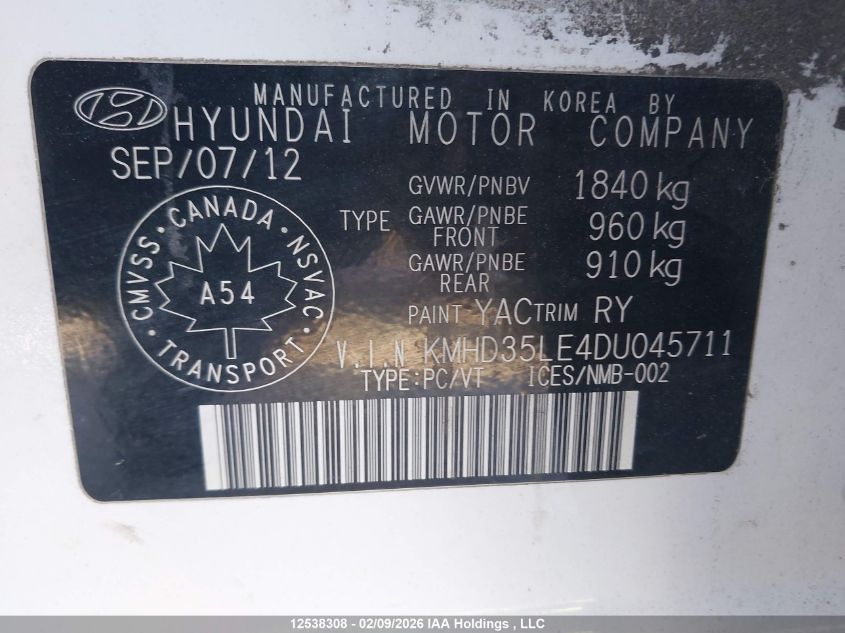 2013 Hyundai Elantra Gt VIN: KMHD35LE4DU045711 Lot: 12538308