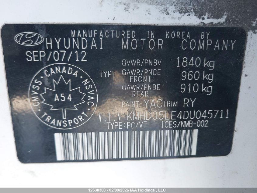 2013 Hyundai Elantra Gt VIN: KMHD35LE4DU045711 Lot: 12538308