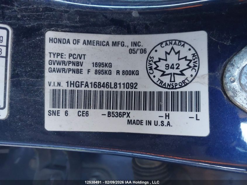 2006 Honda Civic Ex VIN: 1HGFA16846L811092 Lot: 12538491