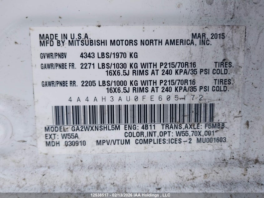 2015 Mitsubishi Rvr VIN: 4A4AH3AU0FE605172 Lot: 12538517