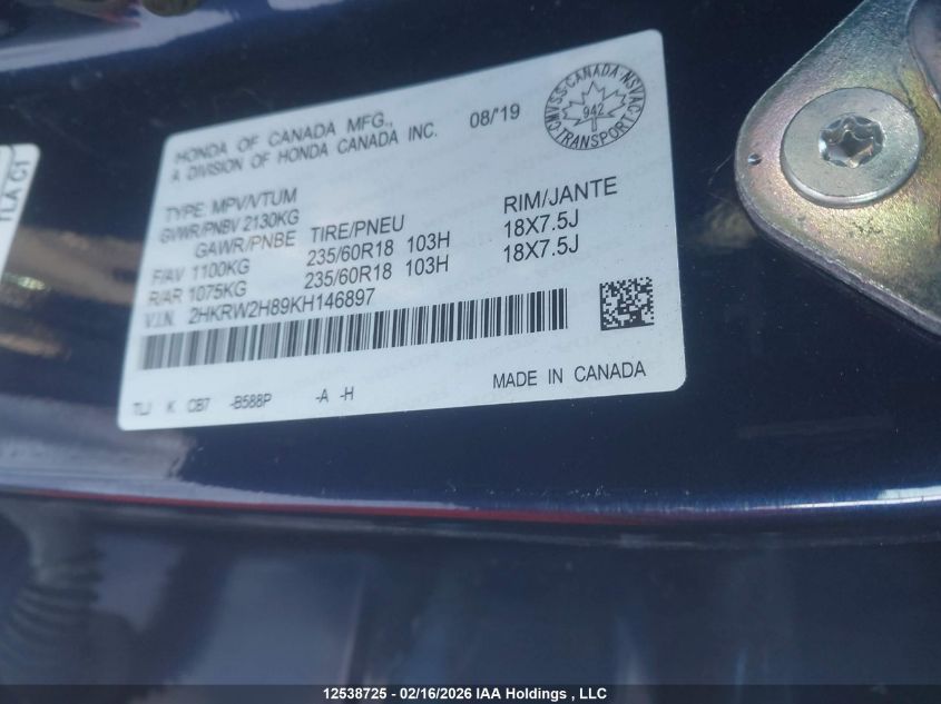 2019 Honda Cr-V Ex-L VIN: 2HKRW2H89KH146897 Lot: 12538725