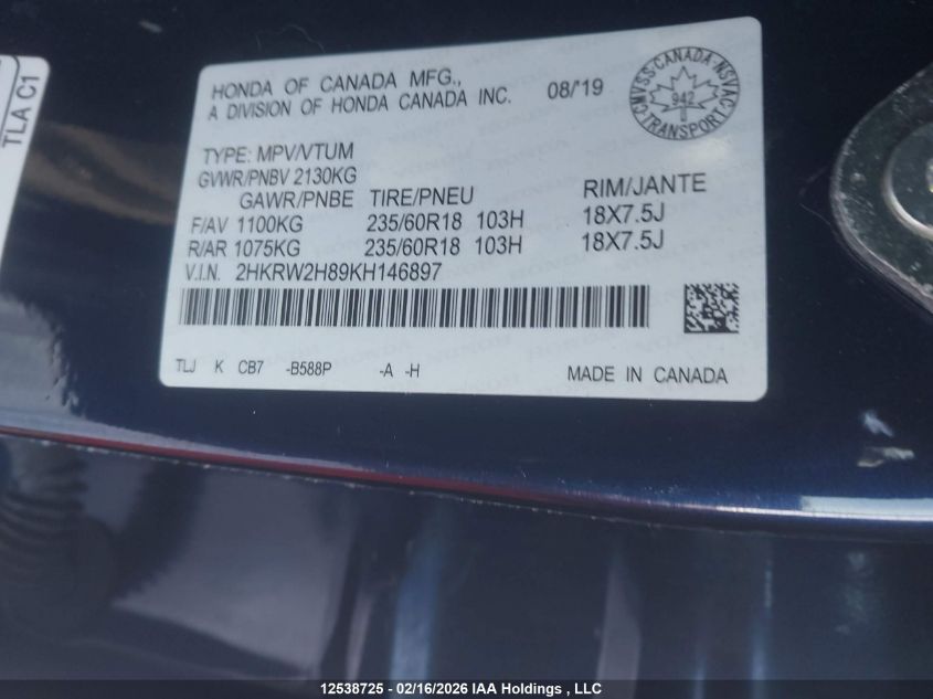 2019 Honda Cr-V Ex-L VIN: 2HKRW2H89KH146897 Lot: 12538725