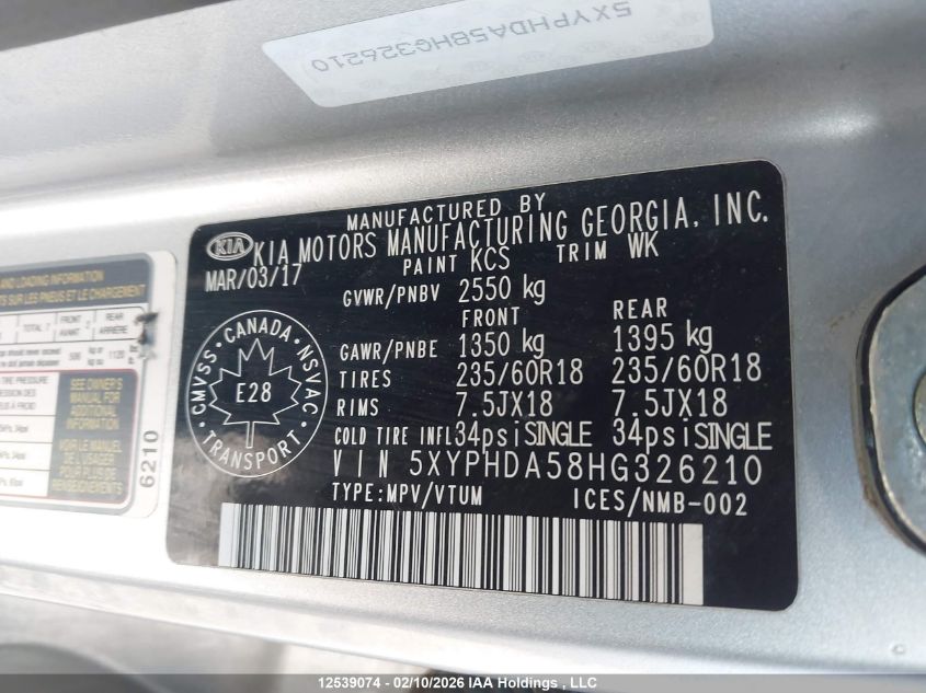2017 Kia Sorento 3.3L Ex/3.3L Ex+ VIN: 5XYPHDA58HG326210 Lot: 12539074